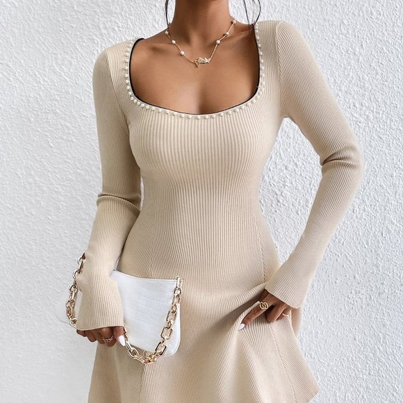 . Dresses & Skirts - Apricot Preppy Womens Sweetheart Neck Ribbed Knit Sweater Dress